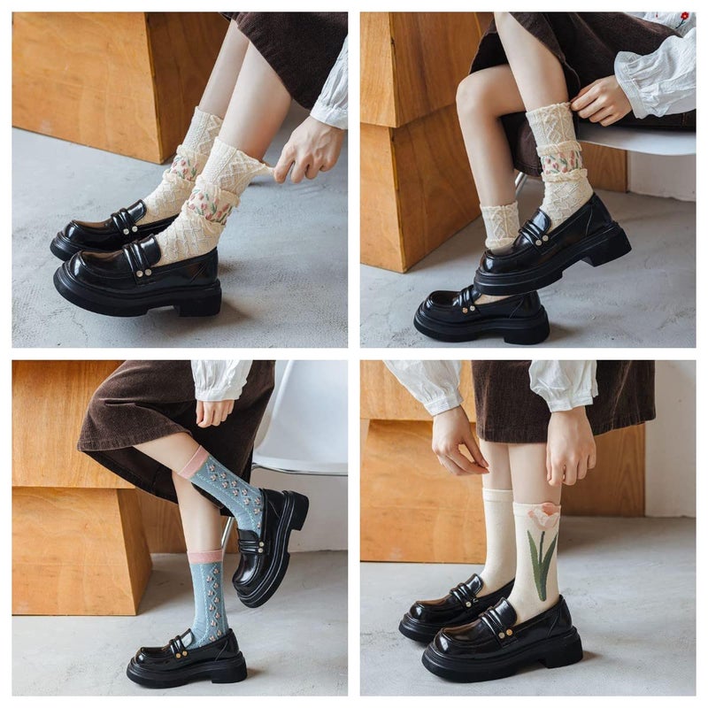 مار جون سيب MarJunSep جوارب طاقم الأزهار اللطيفة للنساء في سن المراهقة الفتيات زهرة Cottagecore Frilly خمر جوارب قطنية رائعة جوارب توليب الجمالية - Image 2